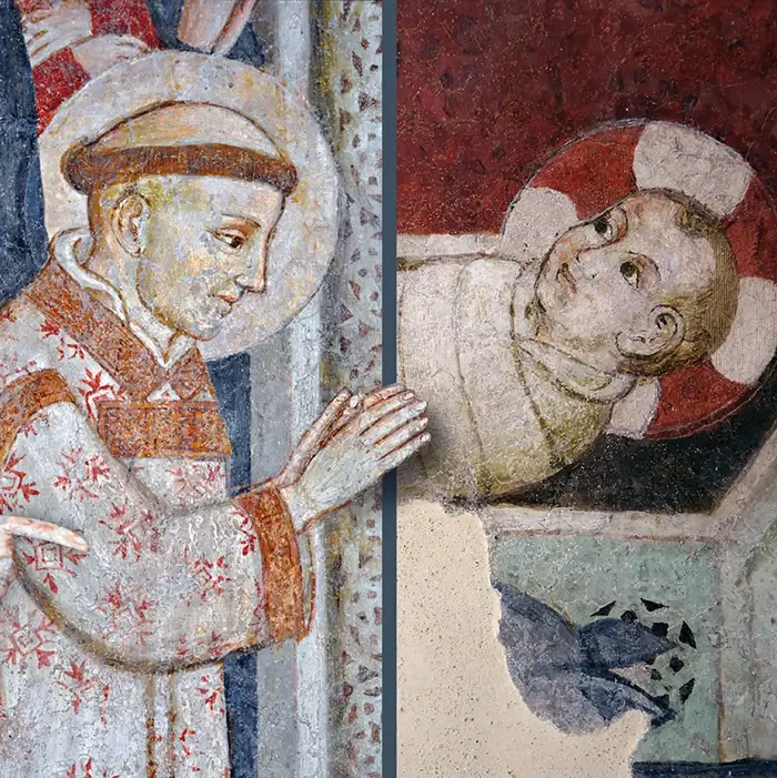 Greccioi festményrészlet a Kis Jézusról és Szent Ferencről